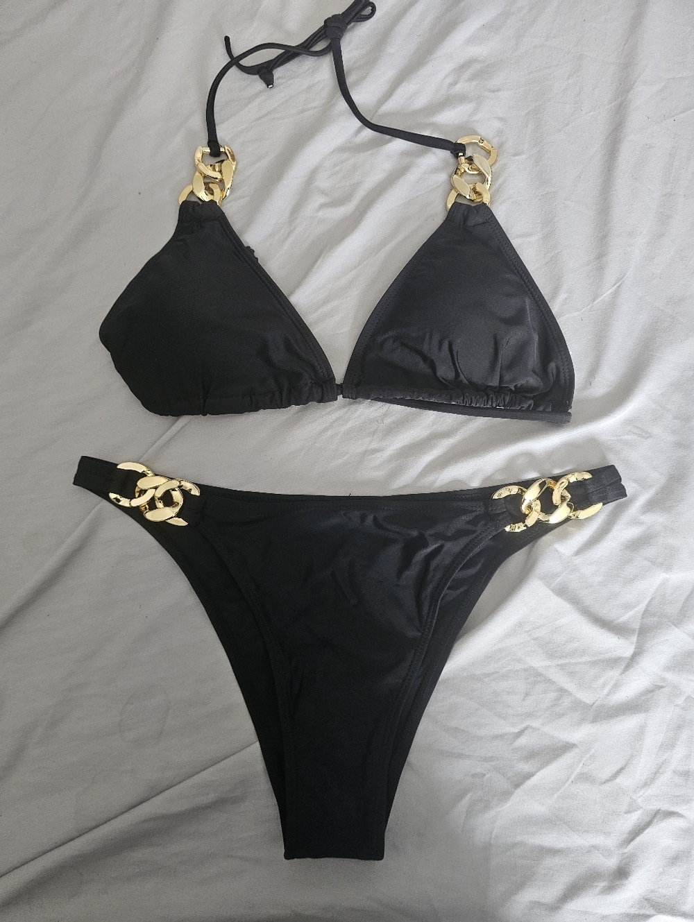 Black Triangle Bikini Set with Gold Chain Accents